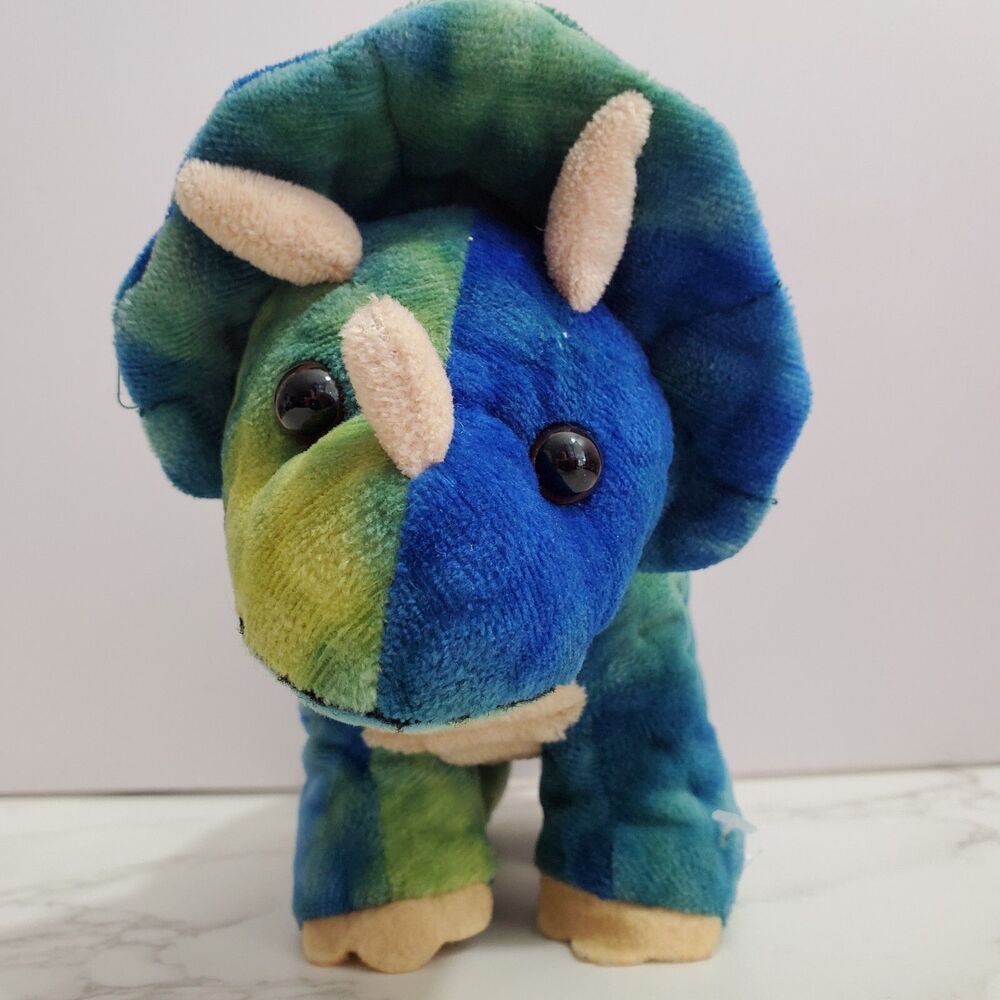 Linzy Plush Stuffed Dinosaur Dino-Mite Pal Triceratops Blue Green Tie Dye 9"